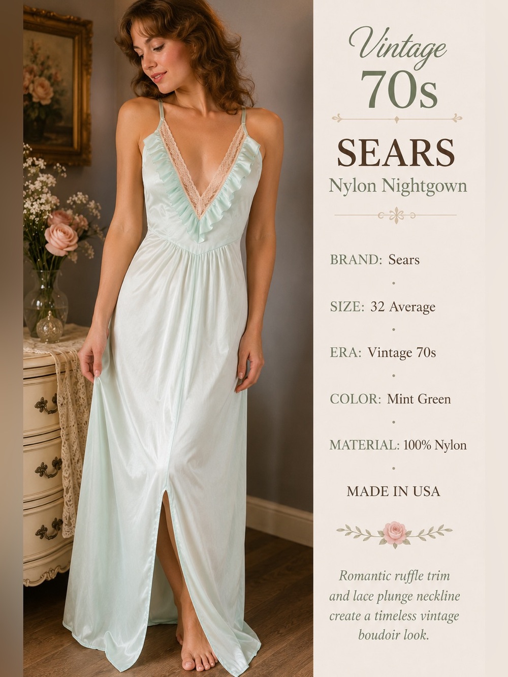 Vintage 70s Sears Mint Nylon Nightgown Lace Ruffle Maxi Slip Dress